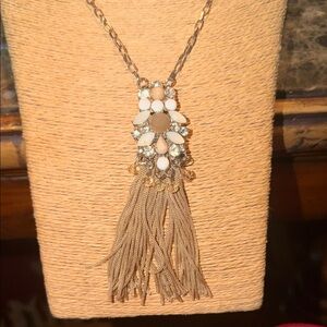 Gold and Cream Tassel Necklace champagne briolettes crystals silver link chain